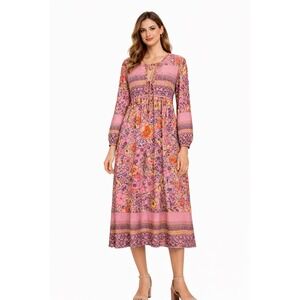 R. Vivimos Womens Pink Dress Floral Tassel Tie Cottagecore Boho Gypsy